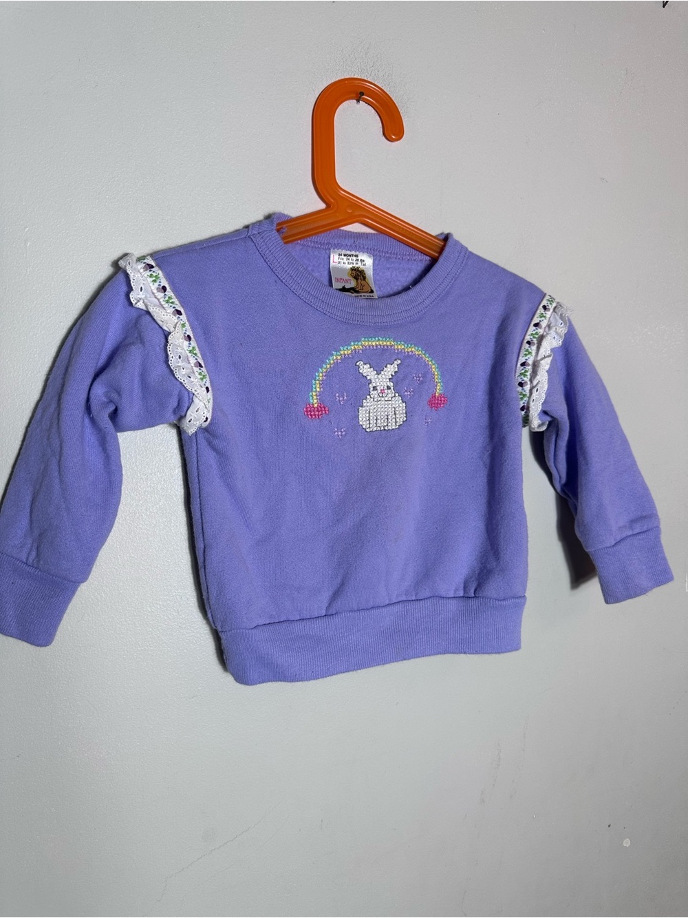 Vintage Girls Lavender Bunny Sweatshirt with Lace Trim